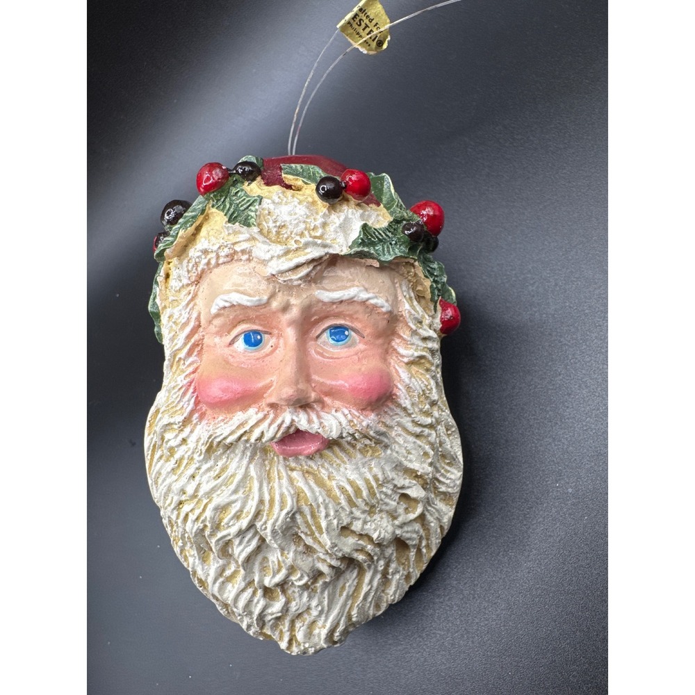Vintage Silvestri Hand Painted Santa Claus Head Ornament Holly Berry Beard 4in